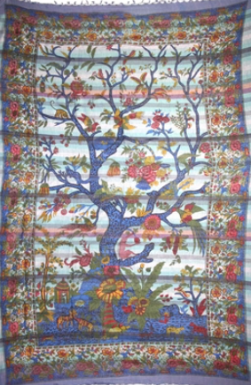 Tapestry Twin Size Overprint Madras Tree Of Life Green