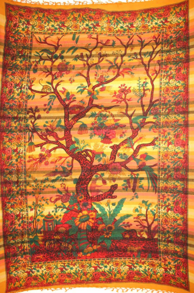 Tapestry Twin Size Overprint Madras Tree Of Life Yellow