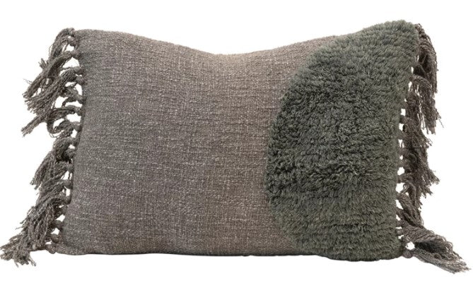 Pillow Lumbar Cotton Blend Tufted w/ Fringe, Grey