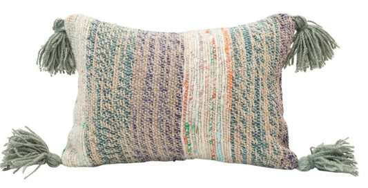 14"L x 9-1/2"H Cotton Woven Lumbar Pillow w/ Tassels, Multi Color