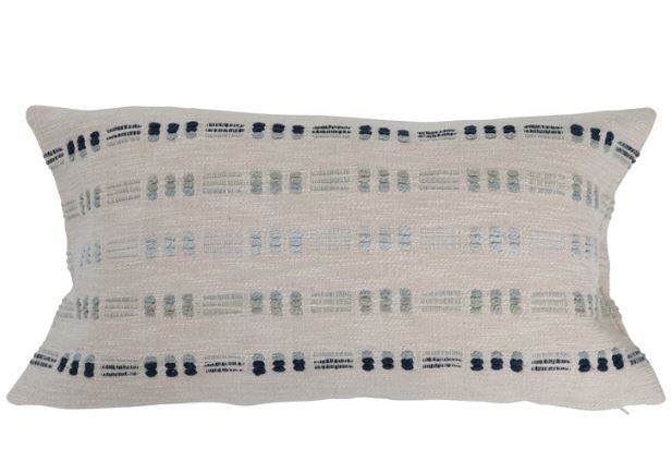 Pillow Lumbar Cotton White With Blue & Green Embroidery  14" x 28"