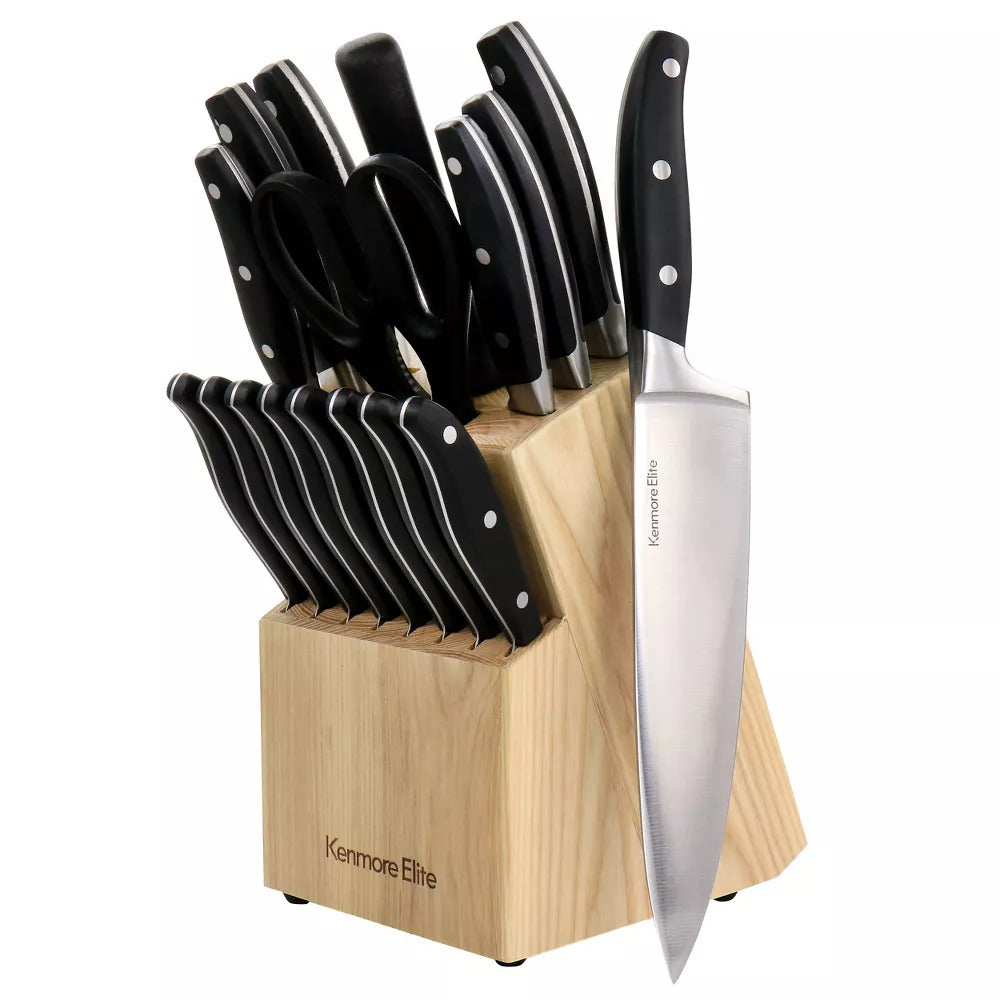 18 Piece Stainless Steel Cutlery and Wood Block Set in Black