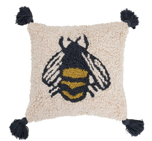 16" Square Cotton Punch Hook Pillow w/ Bee & Tassels, Black, Yellow & Cream Color