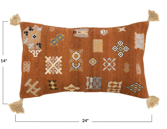 Pillow Lumbar Wool and Cotton Rust Embroidered with Tassels 24" x 14"