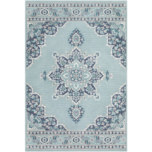 Alfresco Aqua Background Navy Teal Accents Outdoor Runner 3'7" X 5'7"