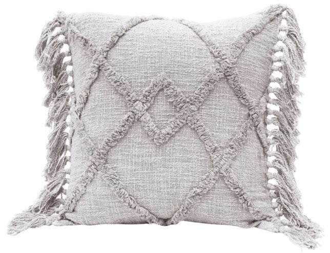 20" Square Cotton Blend Pillow w/ Tufted Pattern & Fringe, Grey