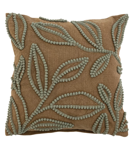 Throw Pillow Square Cotton Slub With Embroidered Botanical Design Cocoa & Sage 16"