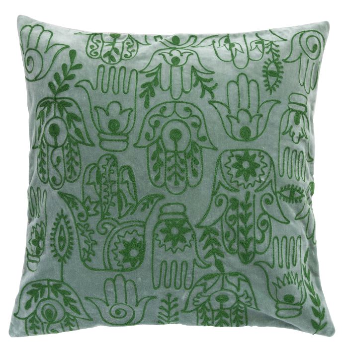 Pillow Embroidered Cotton Velvet Hamsa Hand Pattern Green 20" Square