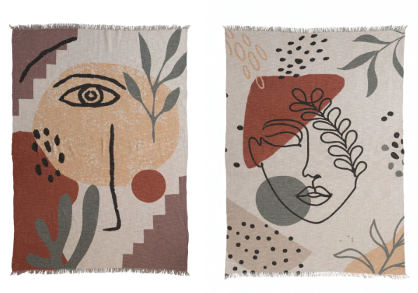 Throw Blanket Cotton Printed Abstract Face Design With Fringe 60"L x 50"W Available in  Styles