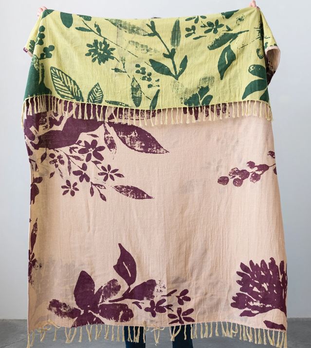 Throw Blanket Printed Cotton Double Cloth Two-Sided Florals with Fringe