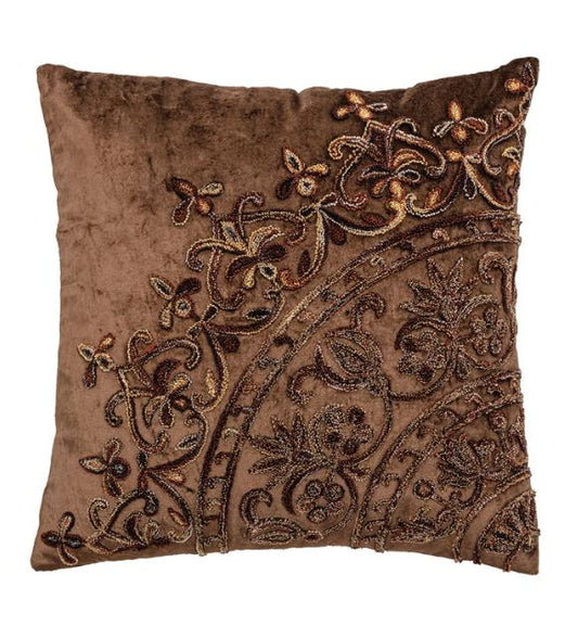 Throw Pillow Square Velvet Brown Embroidered 16"