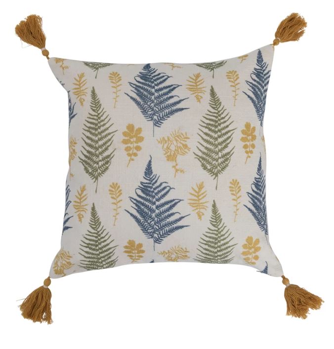 Pillow Cotton Botanical Print With Tassels 16" Square