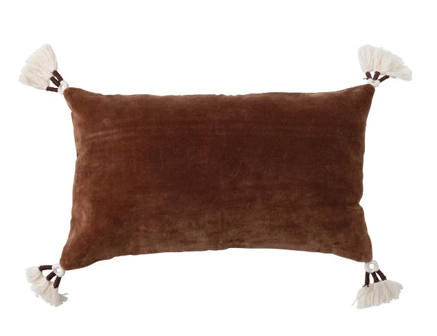 Pillow Lumbar Velvet Cotton Brown With Cream Tassels 20" x 12"