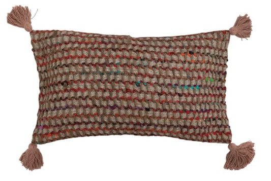 Woven Cotton Blend Lumbar Pillow w/ Tassels & Chambray Back, Multi Color 24"L x 14"H