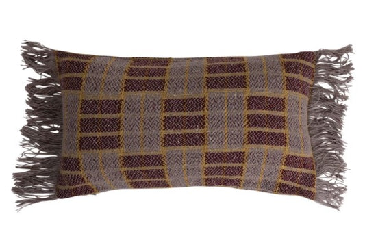 Pillow Lumbar Woven Recycled Cotton Purple and Gold Plaid with Fringe