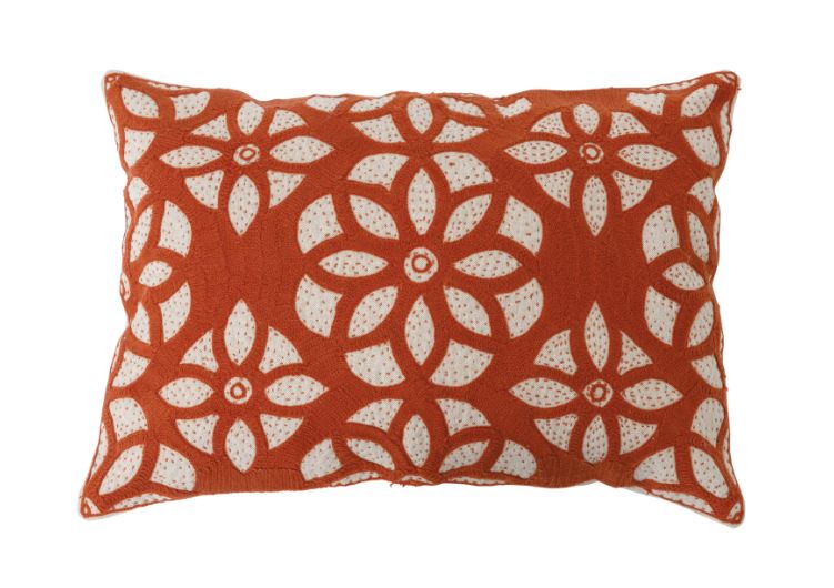 Pillow Lumbar Cotton Flower Design Embroidered Rust & Cream 14" x 20"