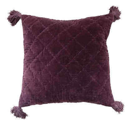 Pillow Square Velvet Cotton Kantha Stitch Quilted With Tassels Tassels Plum Color 20" Square