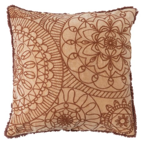 Stonewashed Cotton Velvet Pillow with Embroidery, Chambray Back and Eyelash Fringe