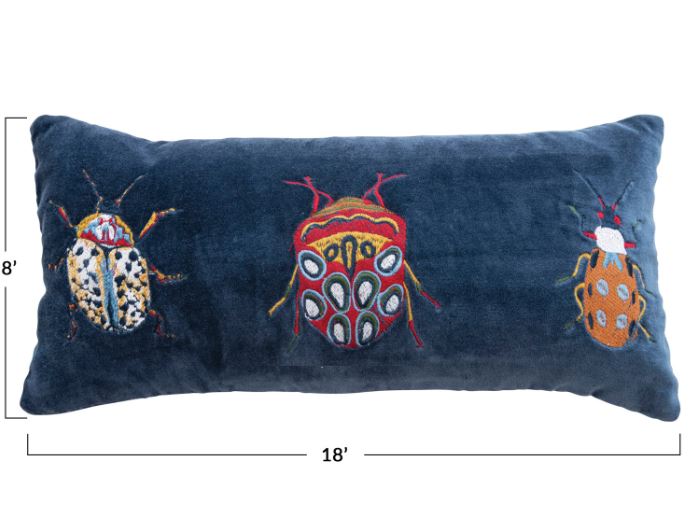 Pillow Lumbar Velvet Navy Embroidered Beetles 8" x 18"