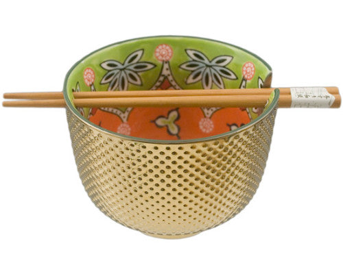 Bowl Gold and Green With Chopsticks