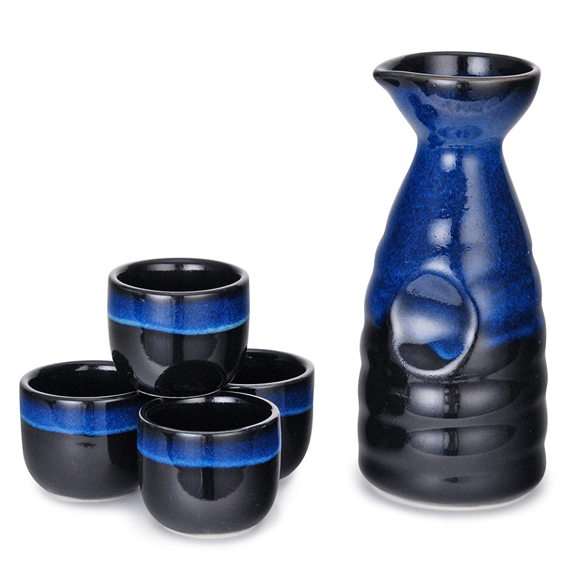 Sake - 4 Piece Set, Blue & Black Glaze