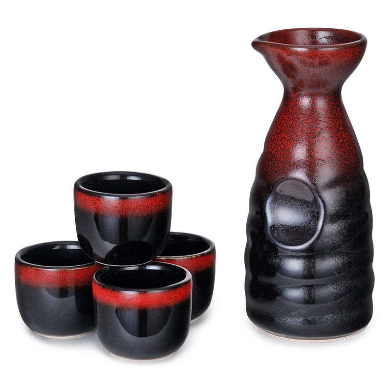 Sake - 4 Piece Set, Red & Black Glaze