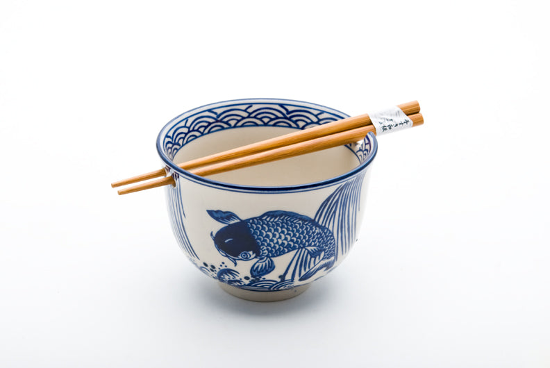Noodle Bowl -  White  Base & Blue Fish w/Chopsticks, 18oz