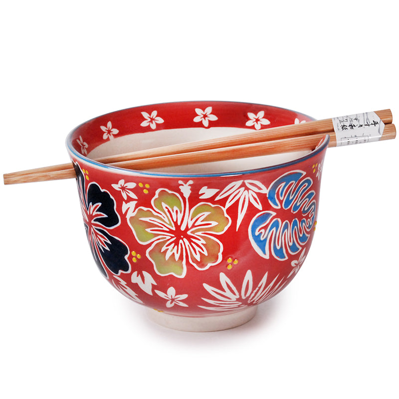 Noodle Bowl - Red and Flowers w/Chopsticks
