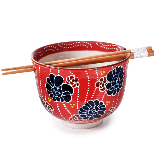 Noodle Bowl - Red Base & Blue Flowers w/Chopsticks