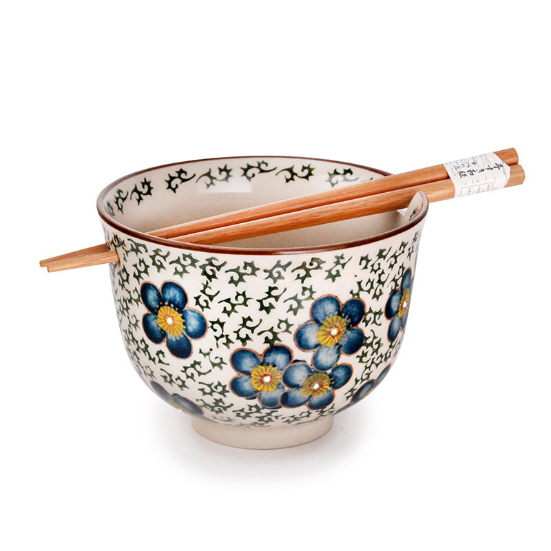 Noodle Bowl - White Base & Blue Flowers w/Chopsticks, 18oz
