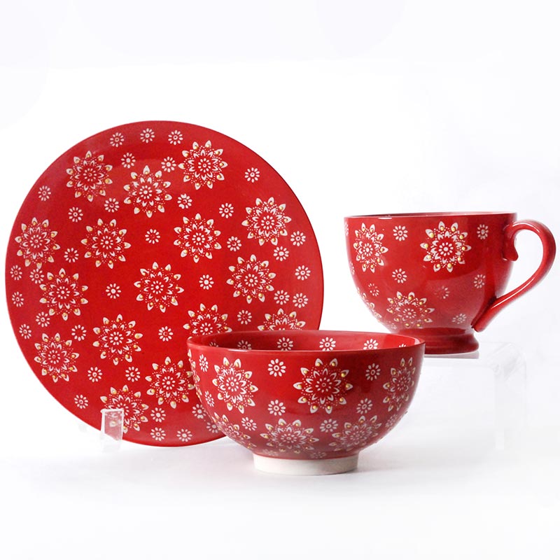 3pc Tableware Set Plate, Mug, Bowl, Red With Flower