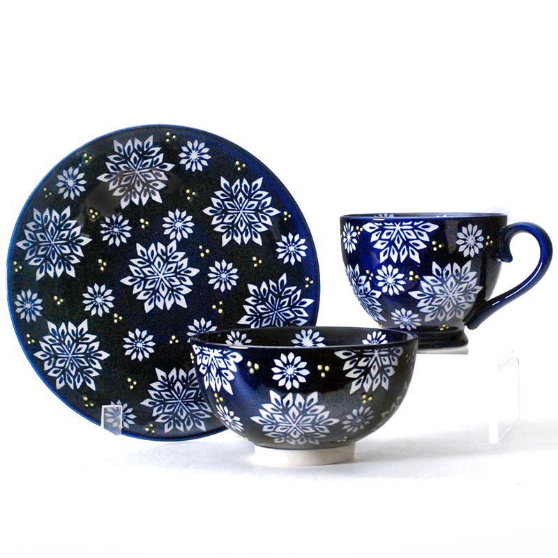 3pc Tableware Set Plate Mug Bowl Blue With Flower