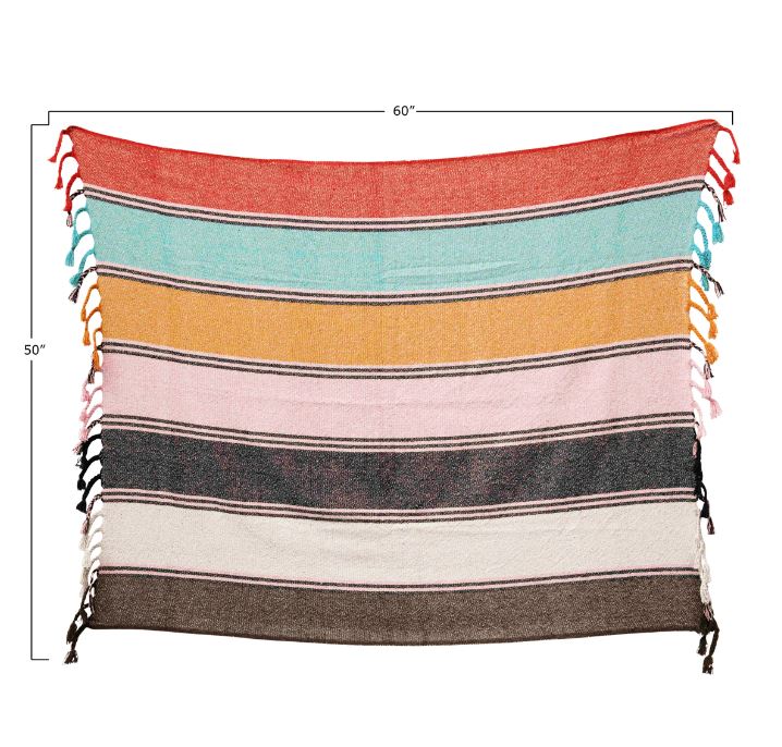 Throw Blanket Recycled Cotton Blend Striped With Braided Fringe Multi Color 60"L x 50"W