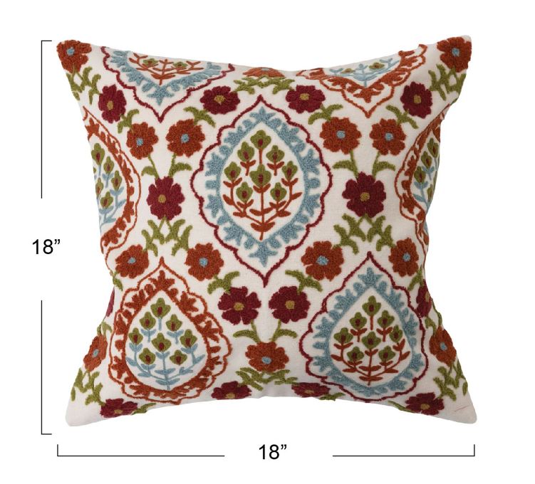 Pillow Cotton Embroidered Floral Multi Color 18" Square