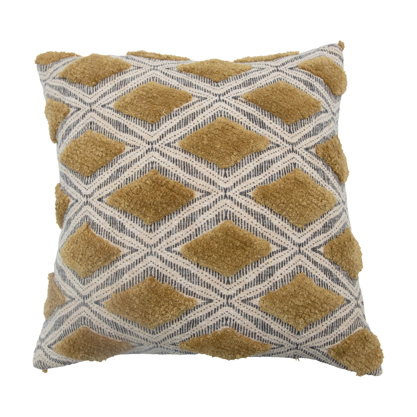 Throw Pillow Square Cotton Printed Slub w/Tufting Chartreuse & Grey