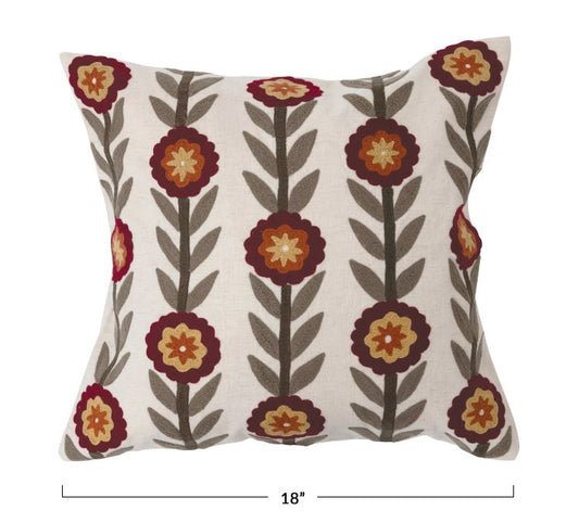 Pillow Cotton Flowers Embroidered Green, Gold & Rust 18" Square