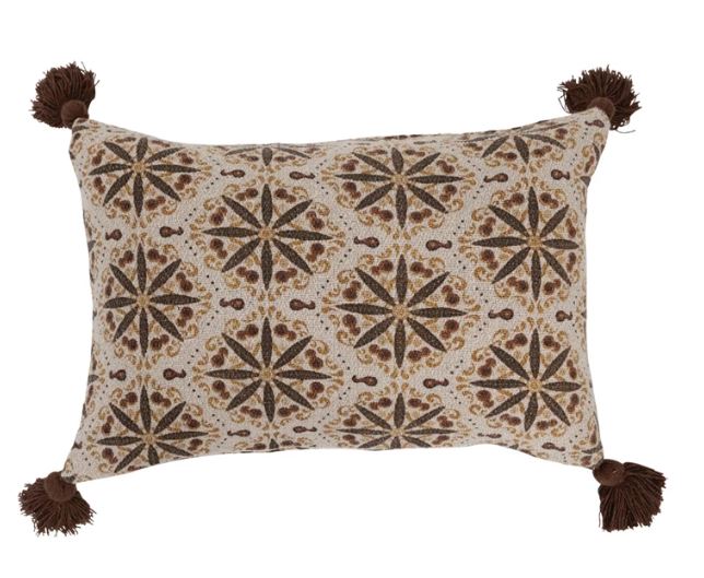 Pillow Lumbar Cotton Blend With Tassels Brown, Gold & Red Medallions Design 16" x 24"