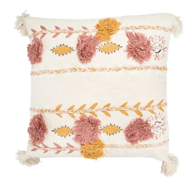 Pillow Cotton Blend Embroidered & Applique With Corner Tassels Cream With Gold & Pink 20" Square