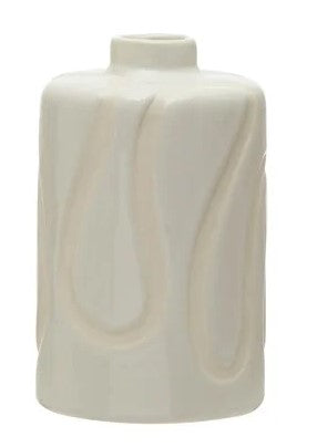 Stoneware Vase w/ Debossed Design, White 3-1/4" Round x 5-1/4"H