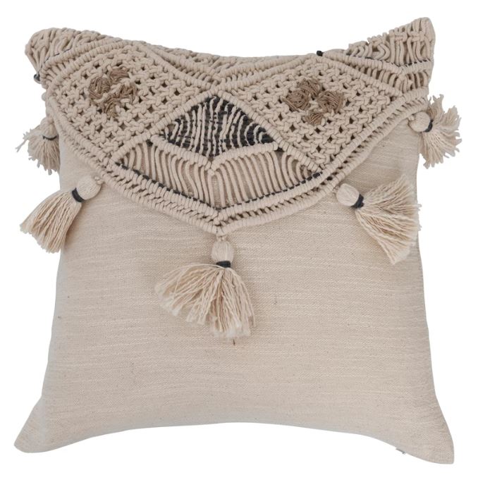 Throw Pillow Square Cotton & Jute Handwoven With Macrame & Tassels 16"