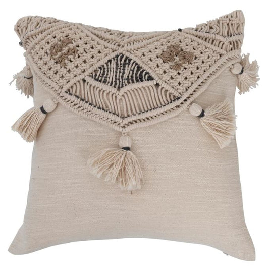 Throw Pillow Square Cotton & Jute Handwoven With Macrame & Tassels 16"