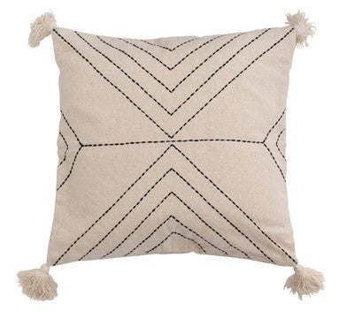 18" Square Cotton Blend Embroidered Pillow with Tassels, Natural and Black