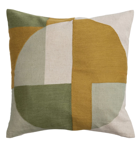 Throw Pillow Square Cotton & Linen With Embroidery & Geometric Design Gold & Sage 16"