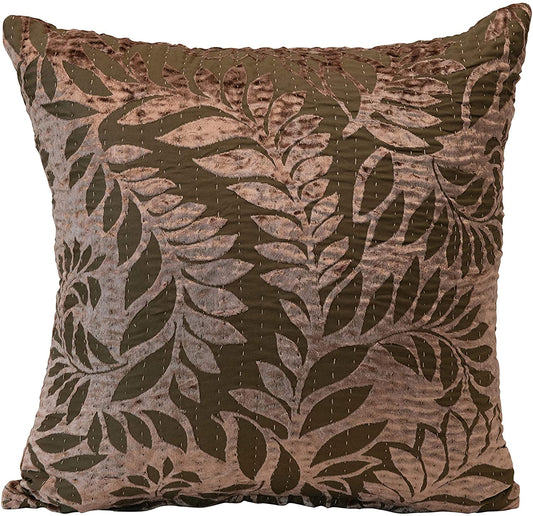 18" Square Cotton Chenille Pillow w/ Fern Leaves Print, Green & Taupe