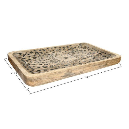 Hand-Carved Mango Wood Tray, Natural 16in L x 9-3/4in W