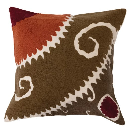 18" Square Cotton Embroidered Pillow w/ Suzani Embroidery, Multi Color