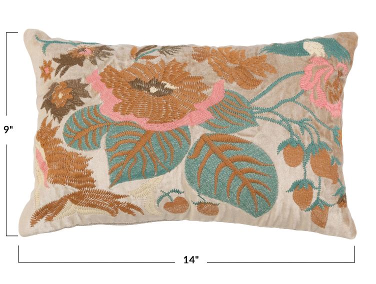 Pillow Lumbar Cotton Velvet Floral with Embroidered  14" X 9"