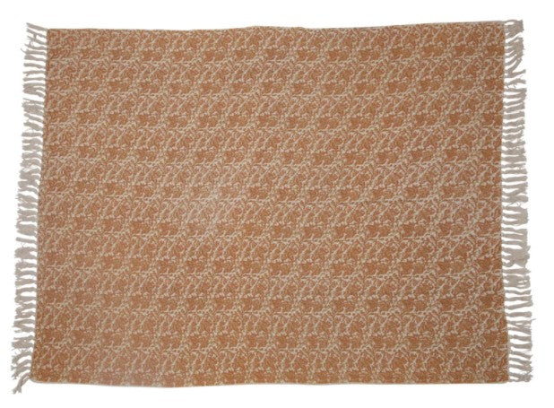 Throw Blanket Woven Recycled Cotton Blend Floral Pattern With Fringe Gold Tones 60"L x 50"W