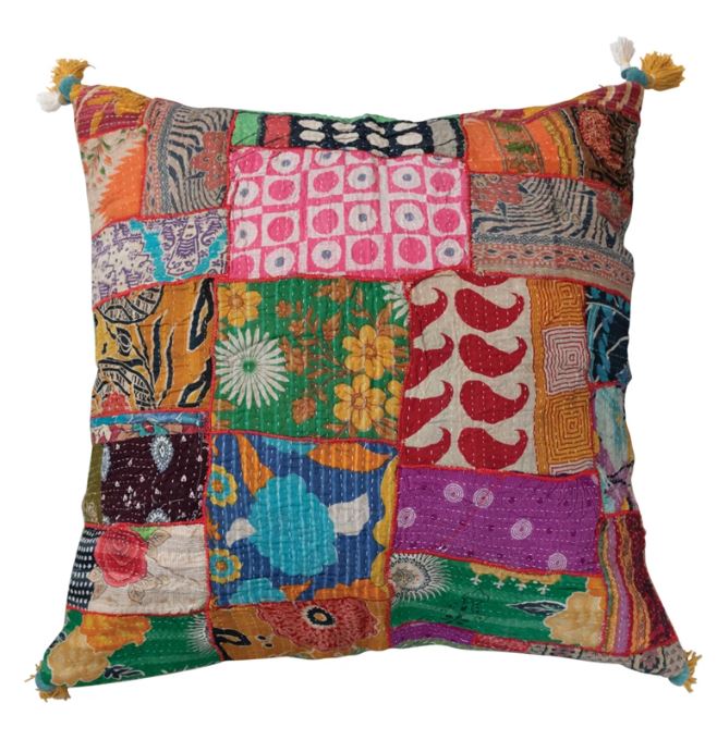 Kantha Stitched Pillow With Corner Tassels 32" Square - Fabrics & Patterns Will Vary