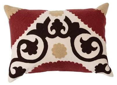 Cotton Embroidered Lumbar Pillow w/ Suzani Embroidery, Multi Color 20"L x 14"H